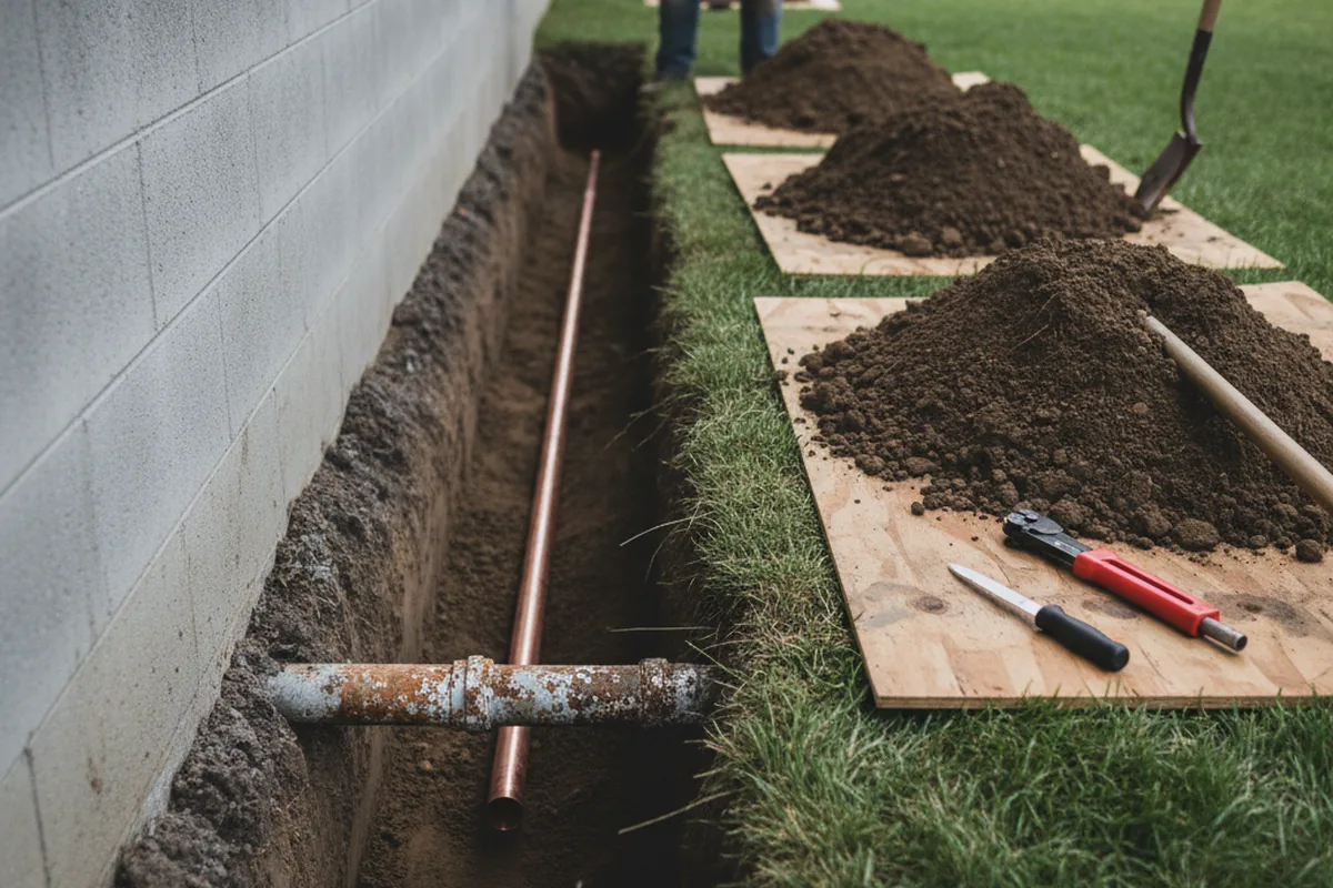Excavated water line trench during Water Heater Repair in Friant